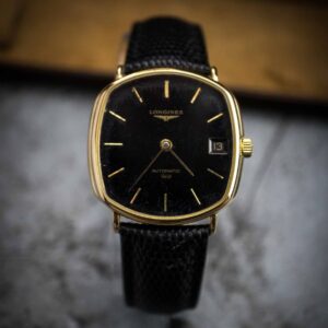 longines black carre dial date wristwatch