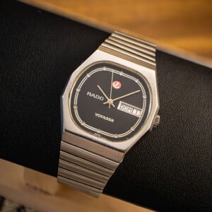 rado voyager black dial day and date swiss made wristwatch